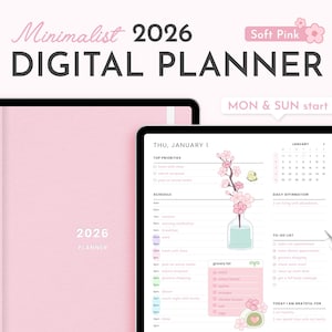 Puede incluir: Un planificador digital rosa suave para 2026, con el texto "Minimalist 2026 DIGITAL PLANNER". El planificador muestra un diseño de calendario con detalles florales y el texto "MON & SUN start". La portada dice "2026 PLANNER".