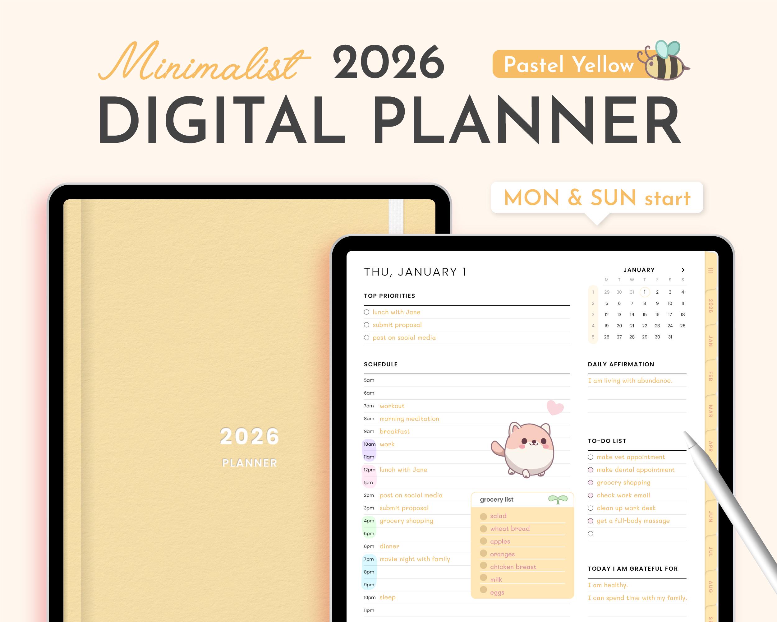 Pastel Yellow 2026 Digital Planner Minimalist, Cute Kawaii Dated ...