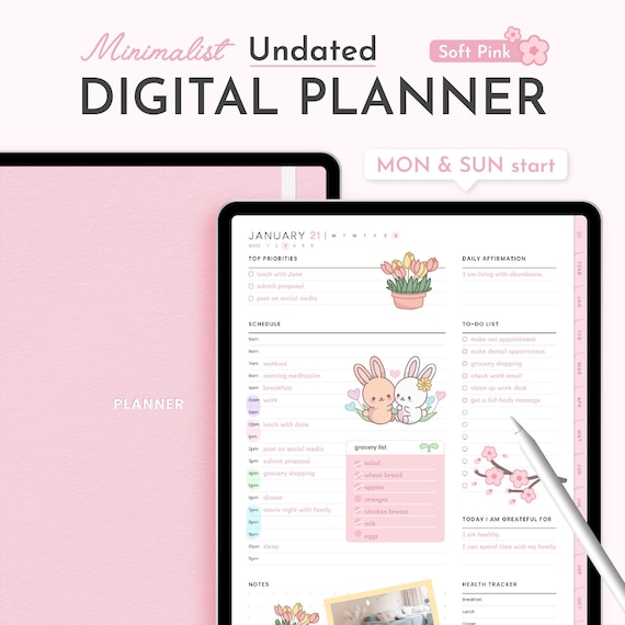 Soft Pink Undated Digital Planner Minimalist, Cute Kawaii GoodNotes Planner Journal Template for iPad | Daily Weekly & Monthly Planner