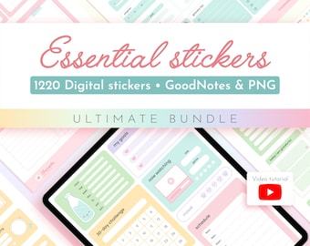 Op de afbeelding: Een digitale stickerbundel met 1220 stickers voor GoodNotes en PNG-bestanden. De stickers zijn in verschillende kleuren en ontwerpen, waaronder een 30-daagse uitdaging, een schema, een stemmingstracker en een "nu kijken"-tracker. De bundel bevat ook een videozelfstudie.