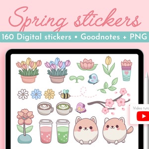 Pastell Frühling Digitale Aufkleber, GoodNotes Aufkleber Niedliche Kawaii Sticker Pack für iPad Planer Journal, Precropped Self Care PNG Sticker Set