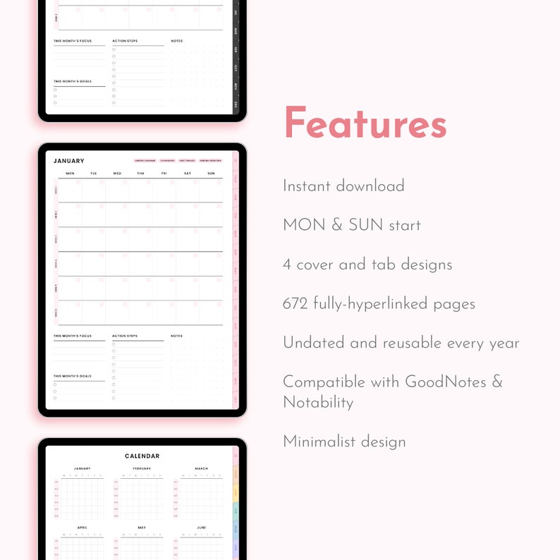 Soft Pink Undated Digital Planner Minimalist, Cute Kawaii Dated GoodNotes Planner Journal Template for iPad | Daily, Weekly & Monthly Planner, Self Care Journal, Sakura, Cherry Blossom, Spring, Reusable every year