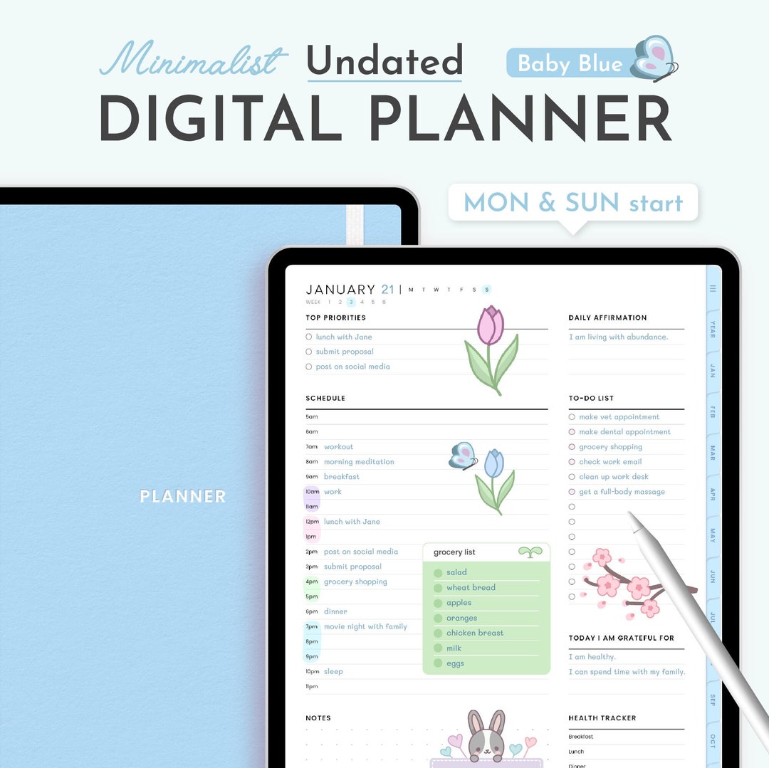 Baby Blue Undated Digital Planner Minimalist, Cute Kawaii Goodnotes ...