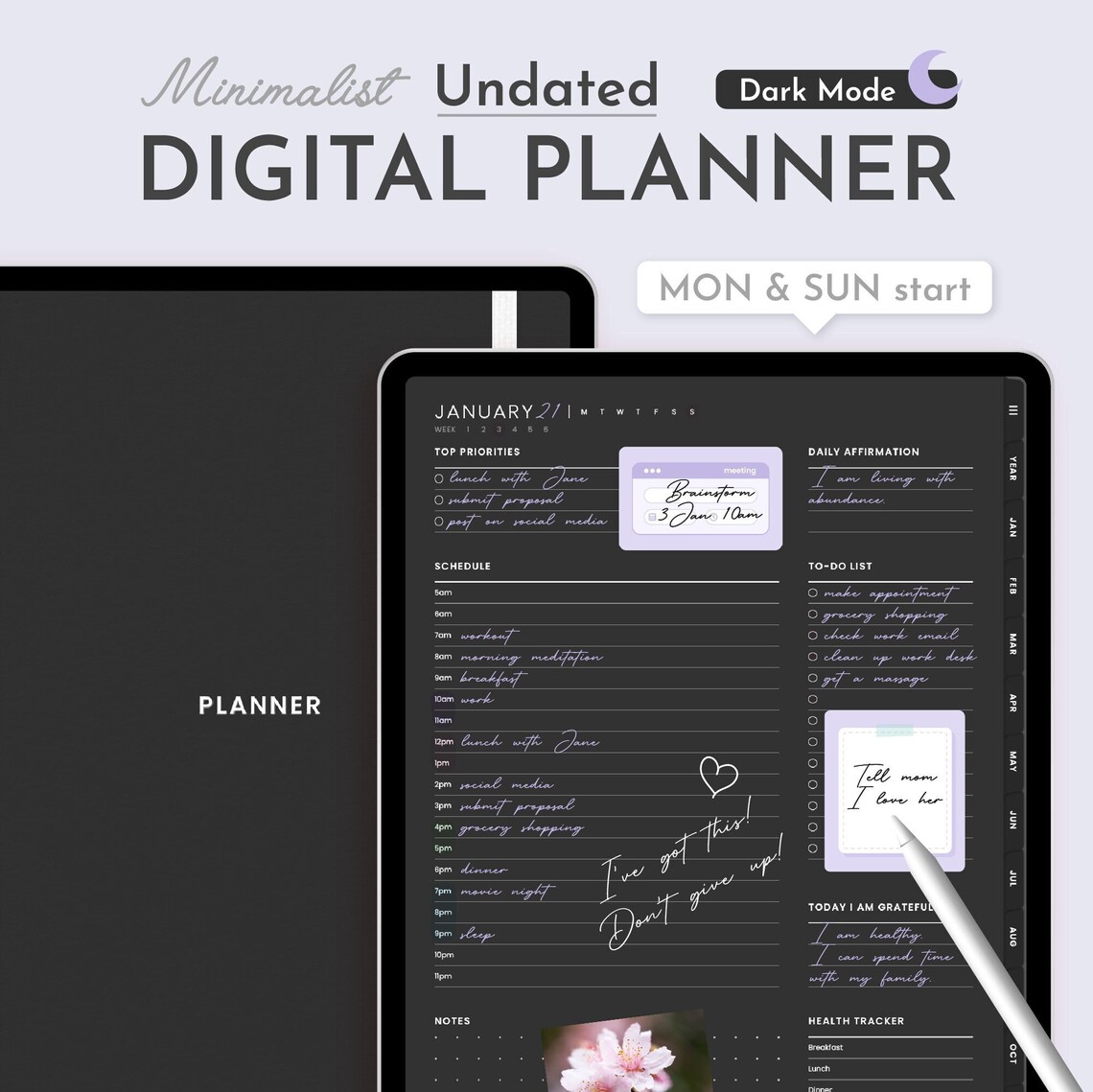 Dark Mode Undated Digital Planner Minimalist, Cute Kawaii Goodnotes ...