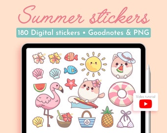 Digitala klistermärken i pastellfärger för sommaren, GoodNotes-klistermärken, sött kawaii-klistermärkespaket för iPad, förbeskuret set med PNG-klistermärken för självvård