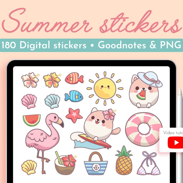 Pastel Summer Digital Stickers, GoodNotes Stickers Cute Kawaii Sticker Pack for iPad Planner Journal, Precropped Self Care PNG Sticker Set