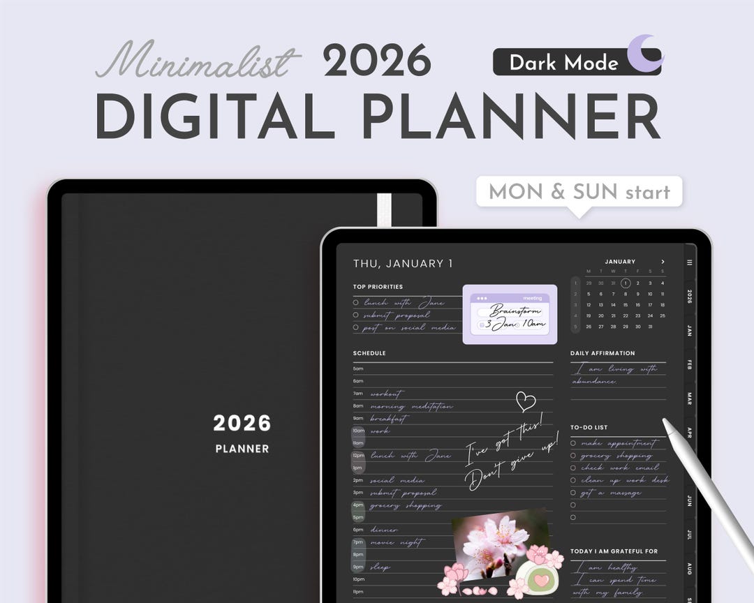 Dark Mode 2026 Digital Planner Minimalist, Cute Kawaii Dated Goodnotes ...