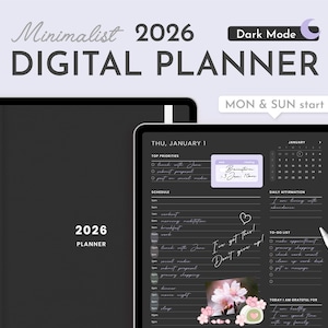 以下が含まれることがあります： タブレットに表示されたデジタルプランナーで、ダークモードインターフェースを備えています。画面にはカレンダー、To-Doリスト、毎日のアファメーションが表示されます。画面のテキストは「2026 DIGITAL PLANNER」と「MON & SUN start」です。