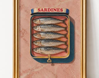 Sardine Tin Print, Sardine Painting, Retro Kitchen Wall Art, Vintage Mediterranean Tinned Fish Poster