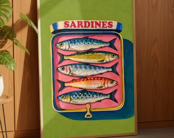 Sardine Tin Print, Retro Kitchen Wall Art, Colorful Sardine Painting, Vintage Fish Food Poster