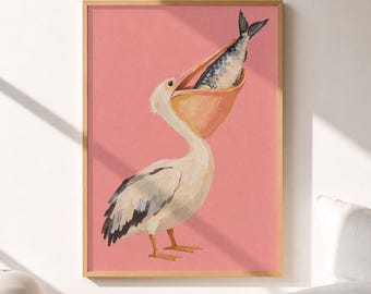Pelican Wall Art, Sardine Print, Colorful Coastal Bird Painting, Kitchen Wall Decor