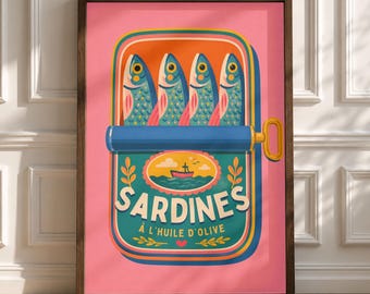 Sardines Can Poster, Retro Food Kitchen Art, Whimsical Fish Illustration
