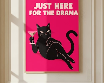 Sassy Cat-cocktailprint, roze dramaliefhebber muurkunst