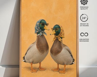 Speelse eendenkunstprint, grappige wilde eenden met zonnebrillen, vintage cottagecore-decoratie