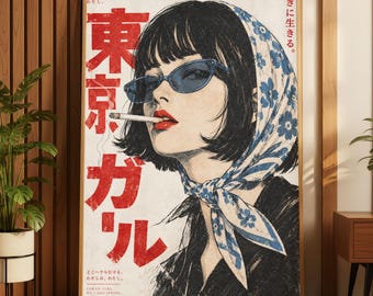 Retro poster van een Japans meisje, Y2K mode-illustratie, muurdecoratie voor Tokio