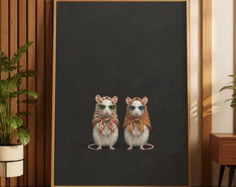 Speelse muiskunstprint, grappige muizen met zonnebrillen, vintage dierendecoratie