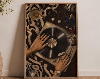 Retro draaitafelprint, vinylplaat met luipaardprint, glam disco muziekdecoratie