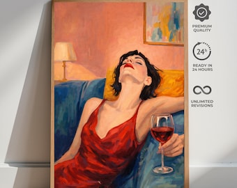 Poster Vrouw met wijn, ontspannen avondmuurkunst, moderne figuratieve print