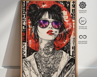 Japanse streetartposter, stadsmeisjesportret, cyberpunk-muurdecoratie Tokio-stijl