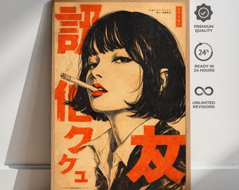 Vintage poster Japans rokend meisje, retro Tokyo Street Style muurkunst, Y2K esthetische vrouw illustratie print