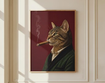 Poster chat mafieux, art mural chat fumeur drôle, impression animal gentleman vintage, décoration humour noir, poster chat Mob Boss, art mural tendance