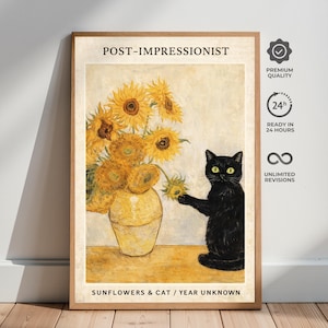 以下が含まれることがあります： 木製のフレームに入ったプリント。黄色い花瓶に入ったヒマワリと黒猫が描かれた、ポスト印象派の絵画です。上部には「POST-IMPRESSIONIST」、下部には「SUNFLOWERS & CAT / YEAR UNKNOWN」と書かれています。