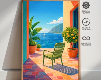 Poster Mediterraans terras met zeezicht, muurkunst in Amalfikust-stijl, landschapsafdruk Italiaanse Rivièra