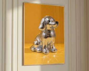 Discohondposter, spiegelbal puppy muurkunst, funky retroprint