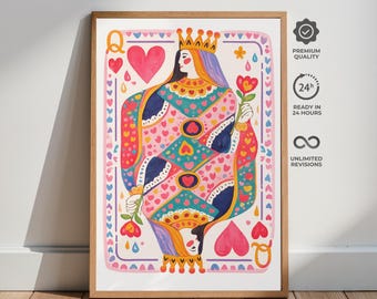 Queen of Hearts Poster, Colorful Playing Card Wall Art, Maximalist Retro Illustration Print
