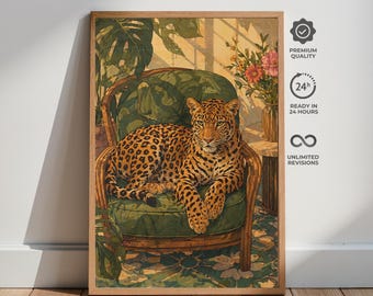 Leopard loungeposter, vintage jungle muurkunst, botanisch interieur