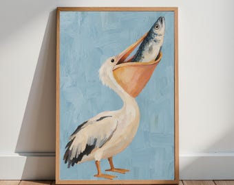 Pelican Wall Art, Sardine Print, Coastal Bird Painting, Colorful Kitchen Wall Decor