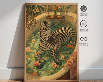 Zebrabadposter, grappige dierenmuurkunst, botanische badkamerprint, eigenzinnige jungle