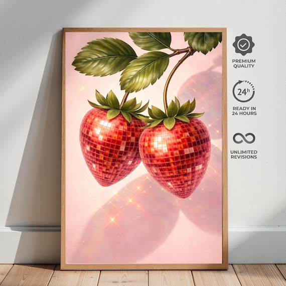 Disco Strawberry Print, Retro Disco Ball Fruit, Maximalist Pop Art Poster