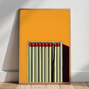 Abstract Matches Poster, Minimalist Wall Art Print, Mustard Yellow Decor, Retro Matchstick Art, Modern Kitchen Wall Art, Bold Graphic Poster