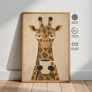 Affiche drôle de café de girafe, art mural minimaliste d'animal de safari rétro