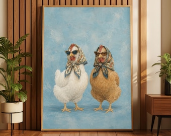 Speelse kippenkunstprint, grappige kippen met zonnebrillen, boerderijdecoratie in vintage stijl.