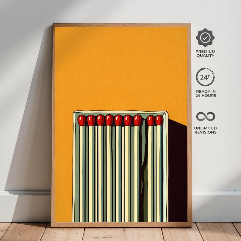 Abstract Matches Poster, Minimalist Wall Art Print, Mustard Yellow Decor, Retro Matchstick Art, Modern Kitchen Wall Art, Bold Graphic Poster