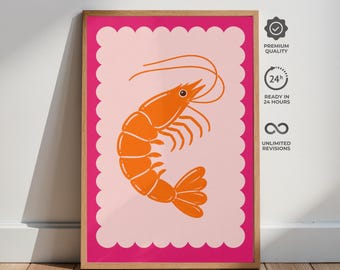 Garnalenposter, kustkeukenkunst, minimalistische zeevruchtenprint, retro voedselillustratie