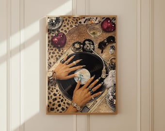 Poster draaitafelpanter, retro dj-muurkunst, glamourvinylprint