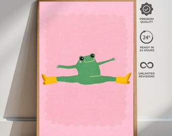 Grappige poster yoga kikker gespleten, roze speelse cartoon dierenmuurkunst