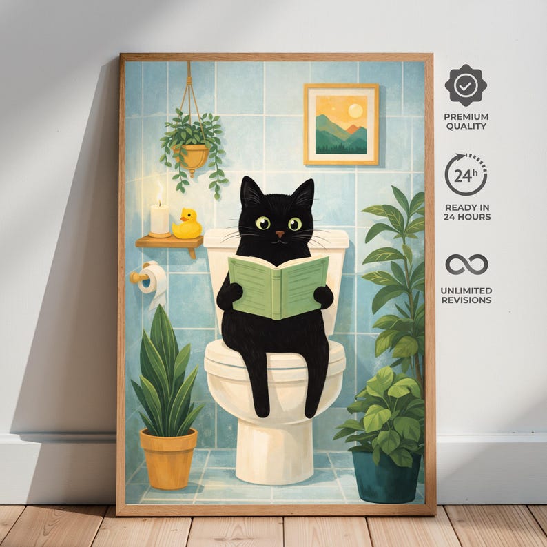 Funny Black Cat Reading on Toilet Bathroom Print, Humorous Animal Wall ...