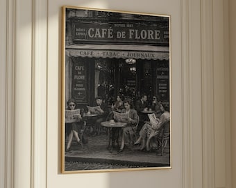 Paris Cafe Poster, Vintage Black and White Street Photography Print, Cafe De Flore Decor
