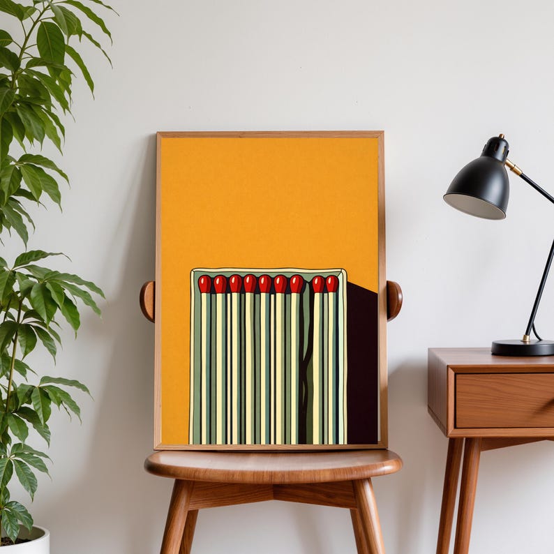 Abstract Matches Poster, Minimalist Wall Art Print, Mustard Yellow Decor, Retro Matchstick Art, Modern Kitchen Wall Art, Bold Graphic Poster