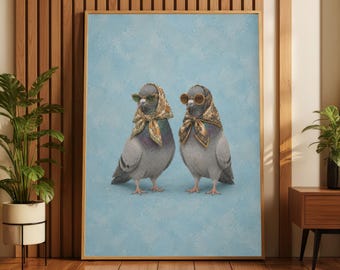 Speelse duivenkunstprint, grappige vogels met zonnebrillen, vintage vogeldecoratie
