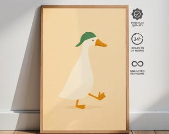 Minimalist Duck Poster, Funny Goose Animal Art, Cartoon Nursery Print