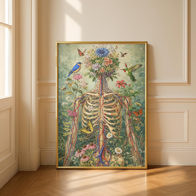 Floral anatomy poster featuring human skeleton with botanical elements
Surreal medical illustration combining flowers and human anatomy
Botanical skeleton wall art for science and nature decor
Human body anatomy print with flowers and butterflies
Aesthetic science wall art blending biology and botanical design
Unique anatomy artwork for modern home or office decor