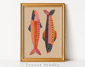 Estampa de Peixes Coloridos, Arte Popular Escandinava, Pôster Náutico Costeiro