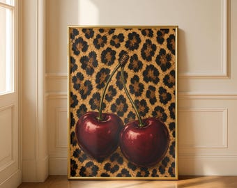 Muurkunst kersenluipaard, poster coquette kersen, maximalistisch fruit keukendecor