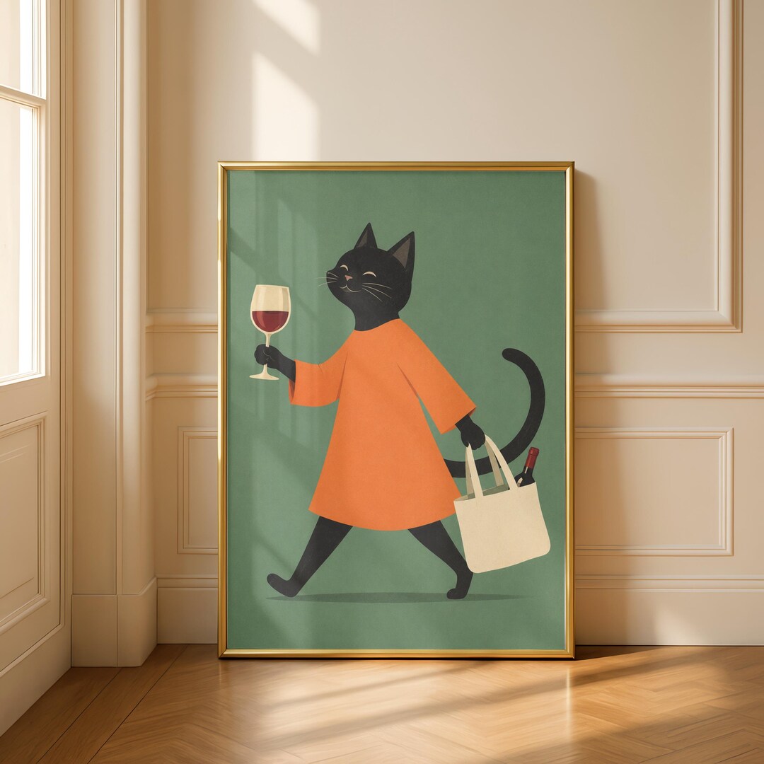 Minimalist Black Cat Wine Lover Wall Art, Retro Illustration Poster - Etsy
