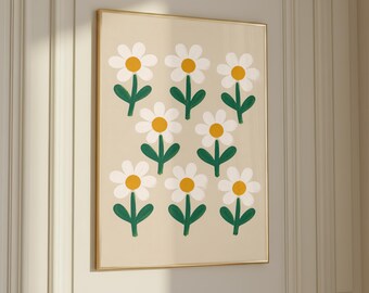Art mural marguerite scandinave, imprimé floral nordique minimaliste, décoration botanique